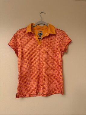 adidas Women's Orange Plaid Polo with Yellow Collar